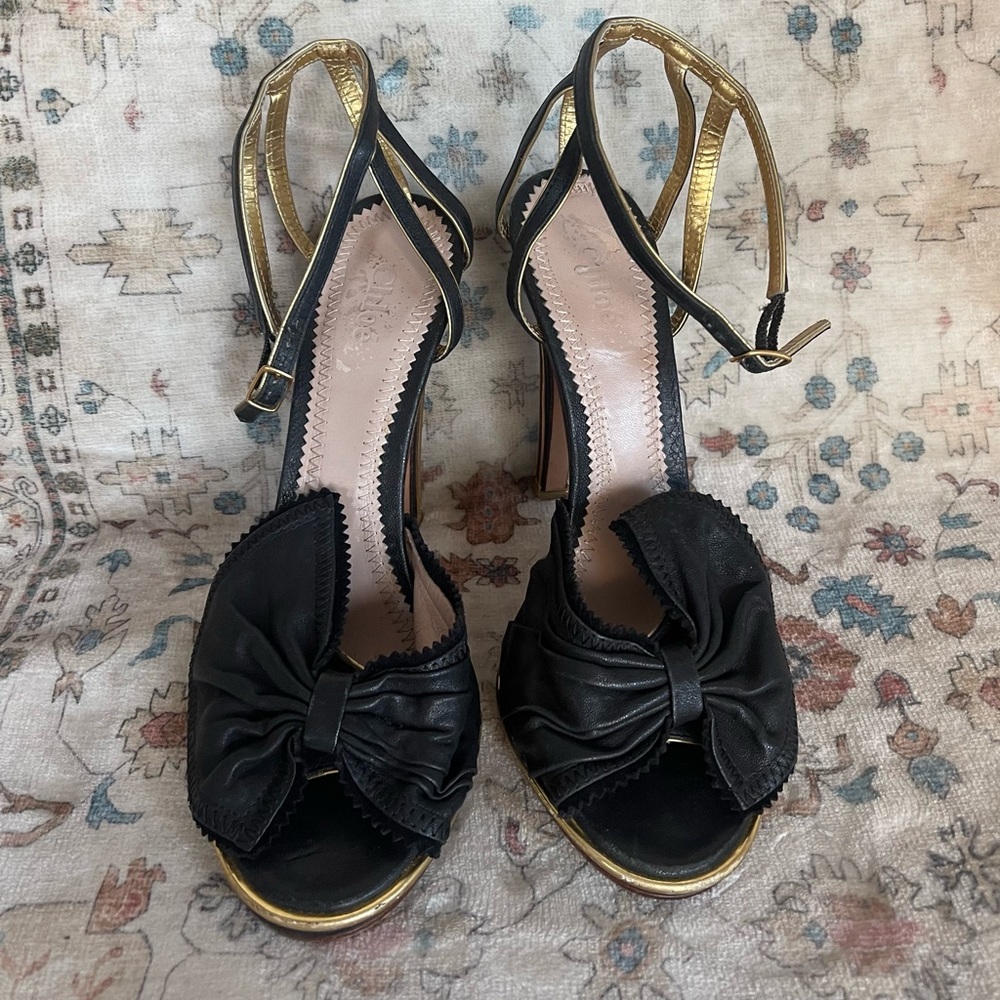 Chloe Black and Gold Heels With Cage Ankle Strap